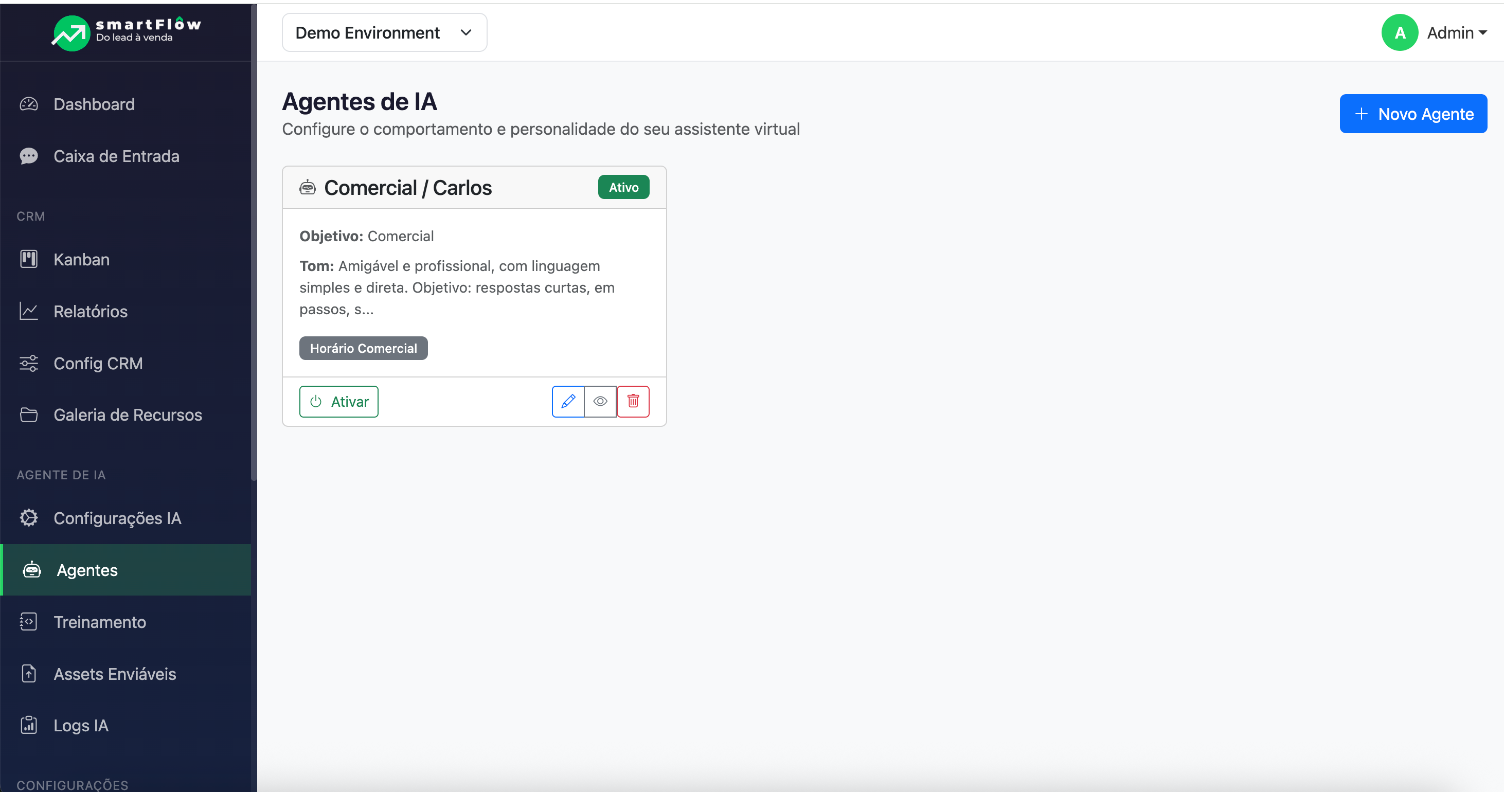 Configuração do Agente de IA no SmartFlow com base de conhecimento e regras